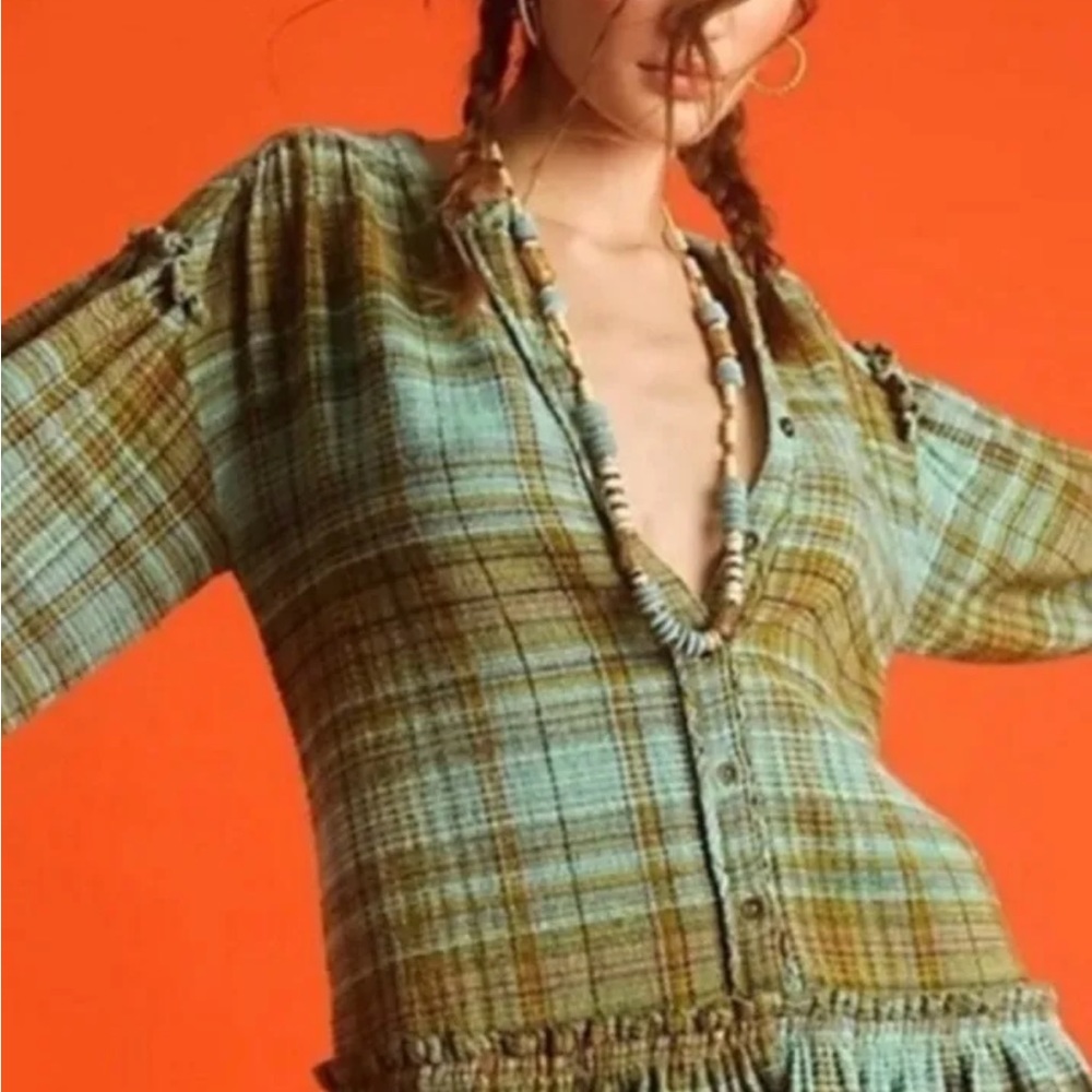Free People Alexa Plaid Mini Dress Waffle Knot Drop Hem  XS